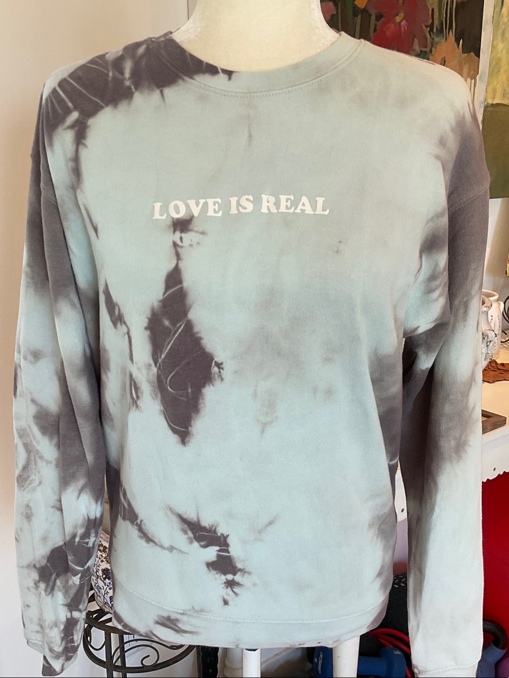 Betsey Johnson Tie-Dye "LOVE IS REAL" Crewneck Sweater - Gray/Teal